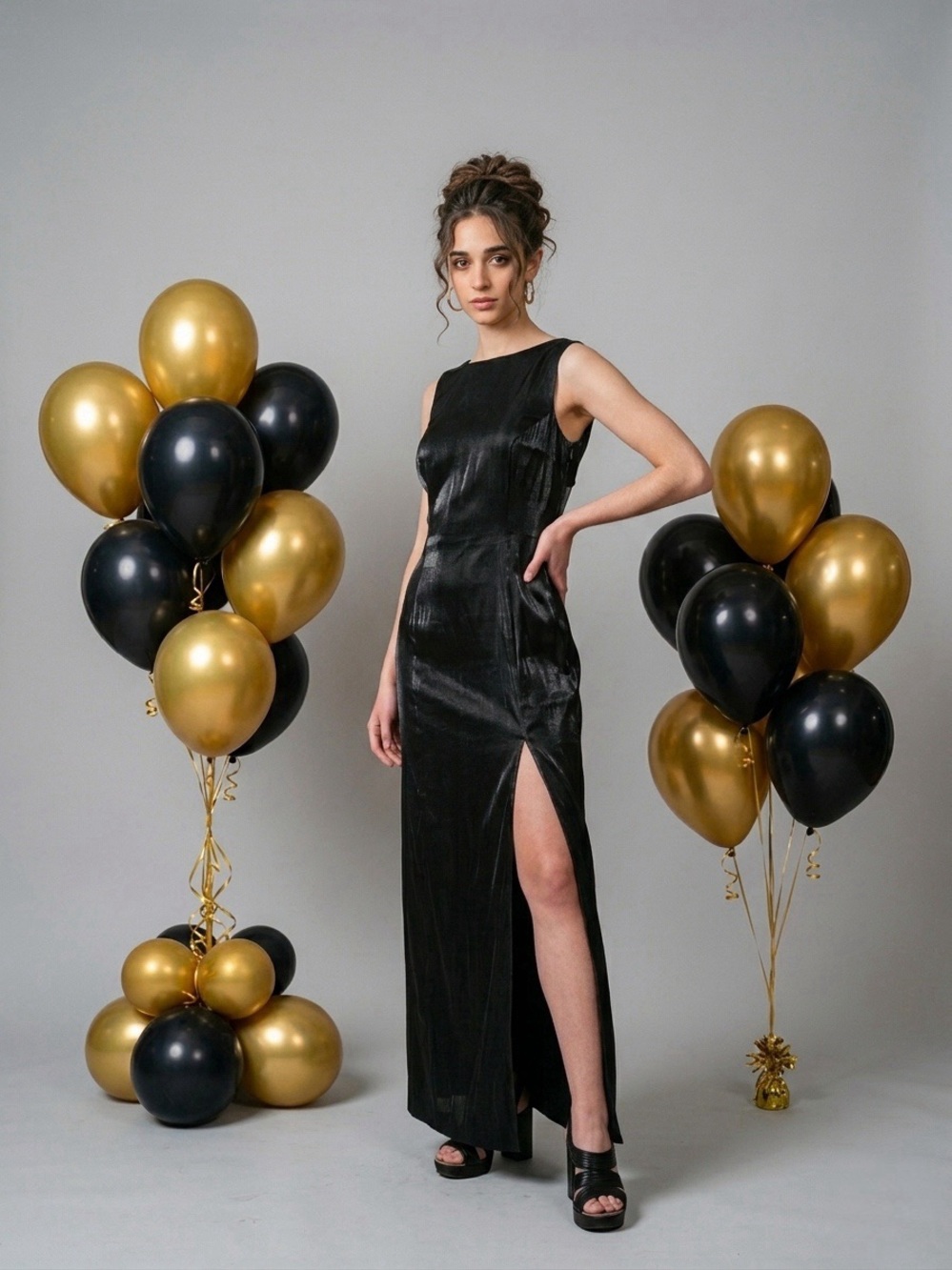 Vintage 90s Black Metallic Crew Neckline Maxi Prom Dress With Slit Rare Medium